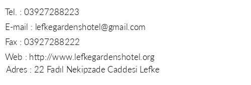 Lefke Gardens Hotel telefon numaralar, faks, e-mail, posta adresi ve iletiim bilgileri
